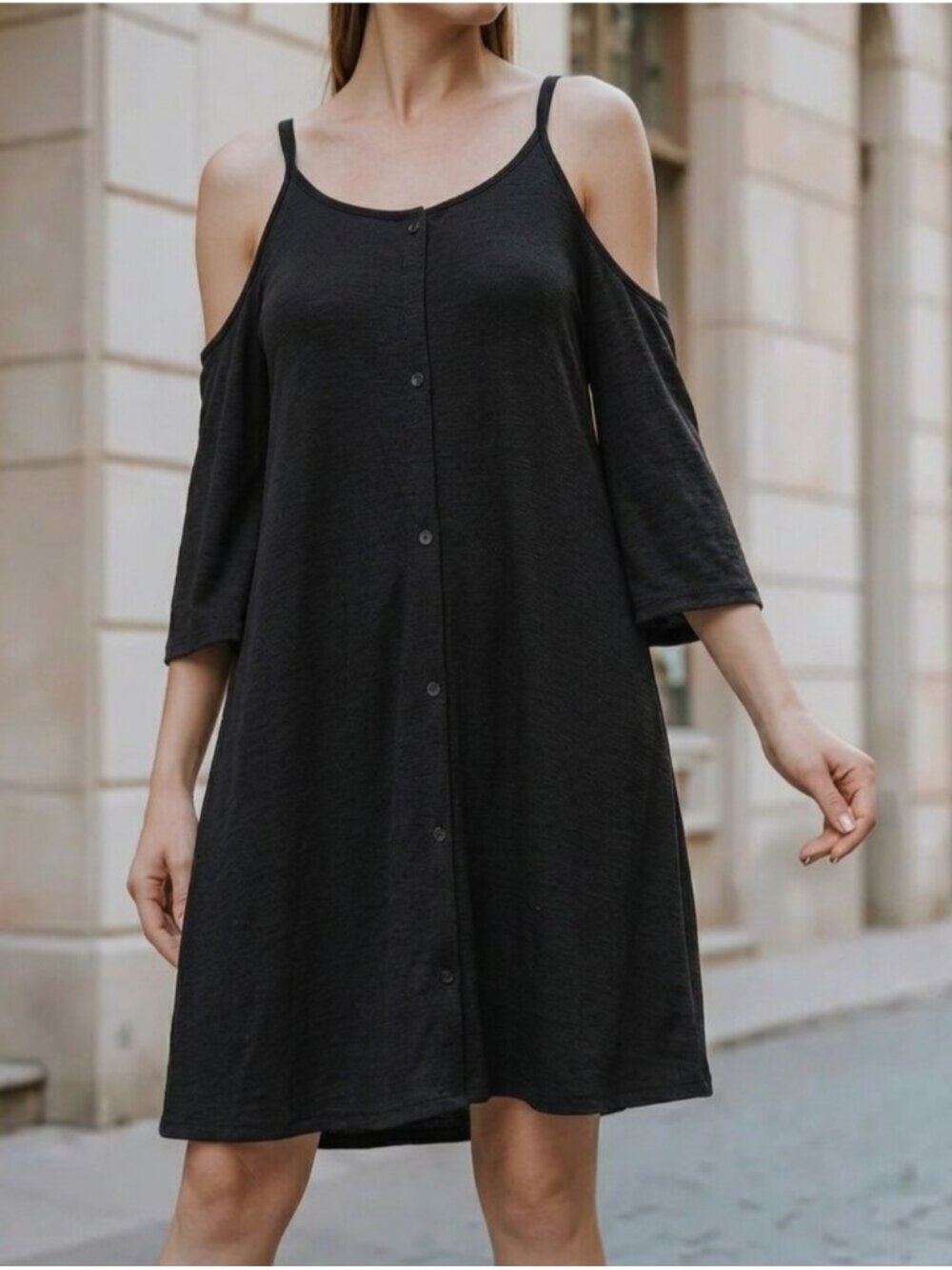 Zenana Outfitters Black Cold Shoulder Buttoned Dress Womens Size Medium Casual